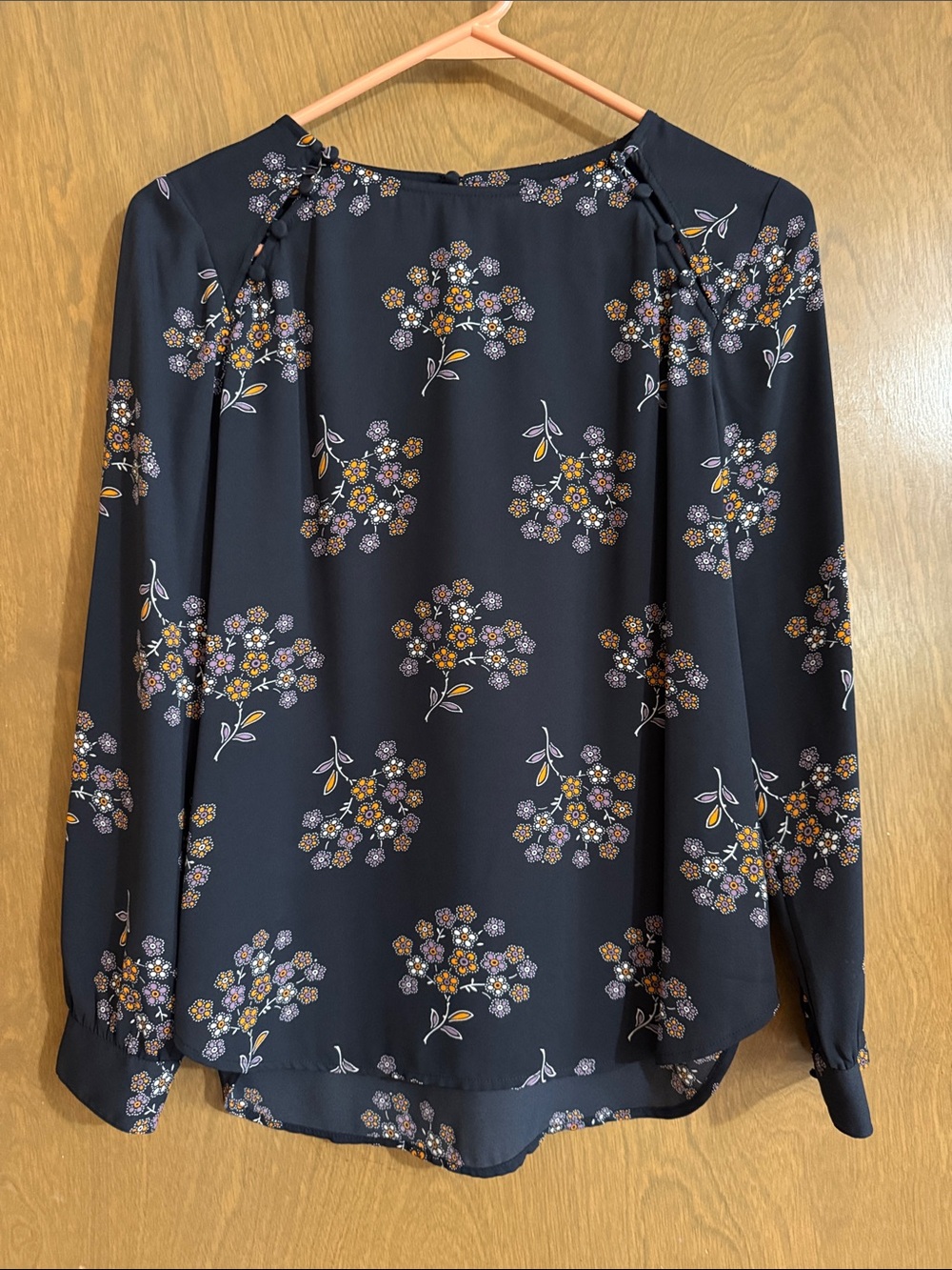 LOFT Navy Floral Long-Sleeve Blouse with Yellow Accents